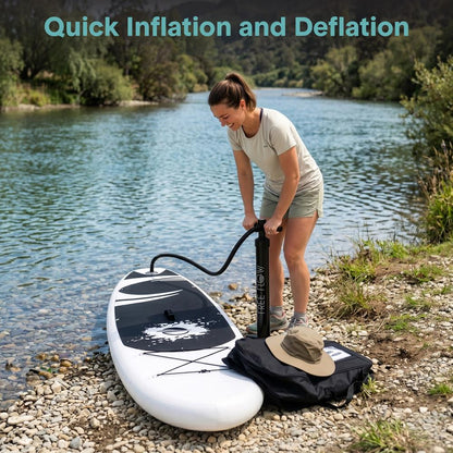 Free-Flow Welded Inflatable Stand-Up Paddle-Board With Double-Action Hand Pump 3-Shaft Aluminum Paddle Leash Fin Repair Kit And Backpack (Black) - SLSUPB16