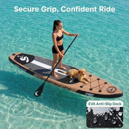 Inflatable Paddle Board - Stable Non-Slip Deck 106 Wood Finish - SLSUPB754