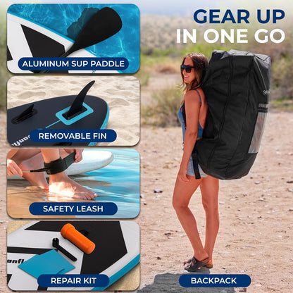 Free-Flow Welded Inflatable Stand-Up Paddle-Board With Double-Action Hand Pump 3-Shaft Aluminum Paddle Leash Fin Repair Kit And Backpack (Black) - SLSUPEW200