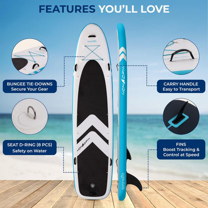Free-Flow Stand-Up Paddle-Board - Woven Drop-Stitch And Double Layer Side Inflatable Sup With Double-Action Hand Pump 3-Shaft Aluminum Paddle Leash Seat Fin Repair Kit And Backpack (Black)