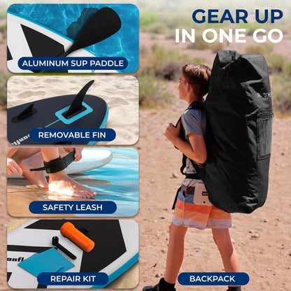 Free-Flow Welded Inflatable Kids Stand-Up Paddle-Board With Single-Action Hand Pump 3-Shaft Aluminum Paddle Leash Fin Repair Kit And Backpack (Black) - SLSUPKD18BL