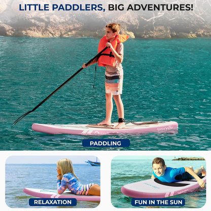 Free-Flow Welded Inflatable Kids Stand-Up Paddle-Board With Single-Action Hand Pump 3-Shaft Aluminum Paddle Leash Fin Repair Kit And Backpack (Black) - SLSUPKD18PL