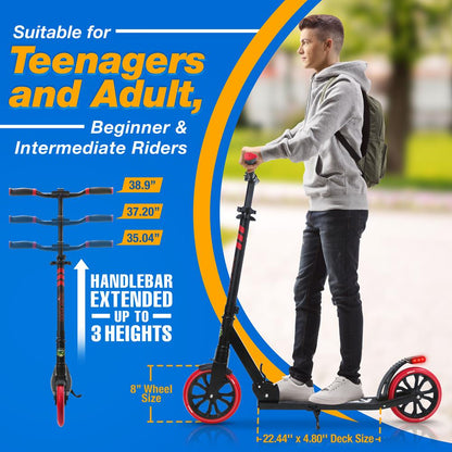 Foldable Kick Scooter for Teens & Adults Smooth Wheels Alloy Deck Red