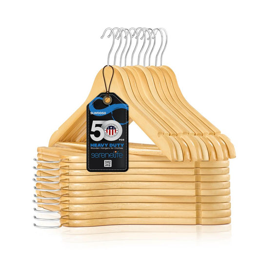 Wooden Hangers 50-Pack Heavy Duty 360° Swivel Hook Natural Wood