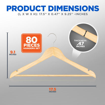 Wooden Hangers 80-Pack Heavy Duty 360° Swivel Hook Natural Wood