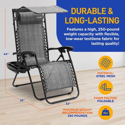 Zero Gravity Lounge Chairs 2-Pack Adjustable Canopy Steel & Textilene Gray