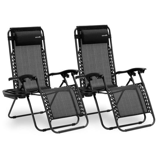 Outdoor Adjustable Zero Gravity Lounge Chair Recliners With Plastic Cup Holder Side Table And Padded Headrest Pillows 2 Pack (Black)