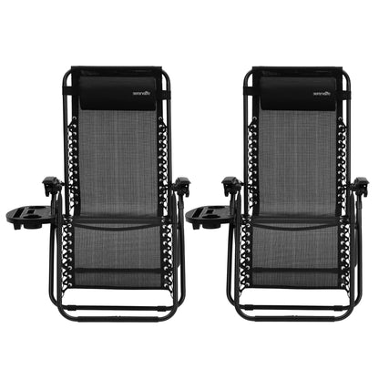Outdoor Adjustable Zero Gravity Lounge Chair Recliners With Plastic Cup Holder Side Table And Padded Headrest Pillows 2 Pack (Black)