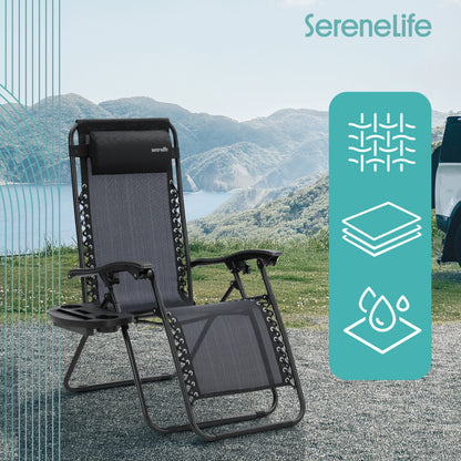 Outdoor Adjustable Zero Gravity Lounge Chair Recliners With Plastic Cup Holder Side Table And Padded Headrest Pillows 2 Pack (Black)