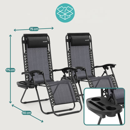 Outdoor Adjustable Zero Gravity Lounge Chair Recliners With Plastic Cup Holder Side Table And Padded Headrest Pillows 2 Pack (Black)
