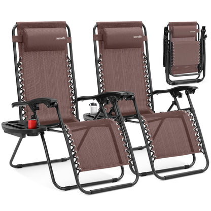 Outdoor Adjustable Zero Gravity Lounge Chair Recliners With Plastic Cup Holder Side Table And Padded Headrest Pillows 2 Pack (Brown)