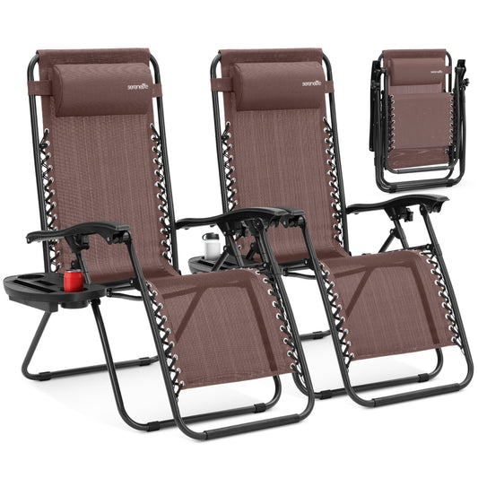 Outdoor Adjustable Zero Gravity Lounge Chair Recliners With Plastic Cup Holder Side Table And Padded Headrest Pillows 2 Pack (Brown)