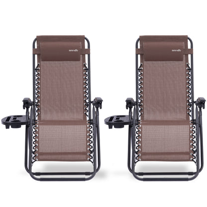 Outdoor Adjustable Zero Gravity Lounge Chair Recliners With Plastic Cup Holder Side Table And Padded Headrest Pillows 2 Pack (Brown)