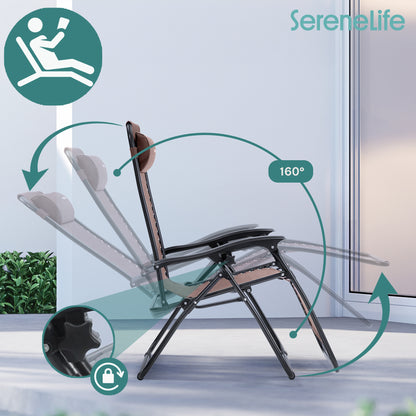 Outdoor Adjustable Zero Gravity Lounge Chair Recliners With Plastic Cup Holder Side Table And Padded Headrest Pillows 2 Pack (Brown)