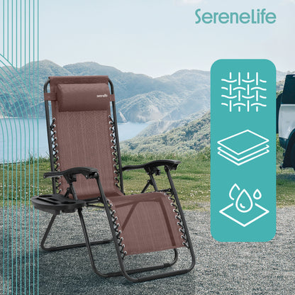 Outdoor Adjustable Zero Gravity Lounge Chair Recliners With Plastic Cup Holder Side Table And Padded Headrest Pillows 2 Pack (Brown)