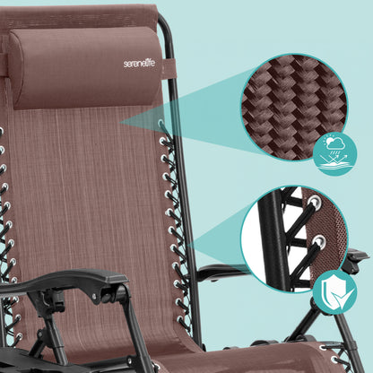 Outdoor Adjustable Zero Gravity Lounge Chair Recliners With Plastic Cup Holder Side Table And Padded Headrest Pillows 2 Pack (Brown)