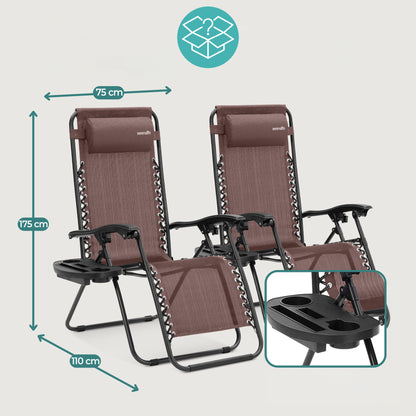 Outdoor Adjustable Zero Gravity Lounge Chair Recliners With Plastic Cup Holder Side Table And Padded Headrest Pillows 2 Pack (Brown)