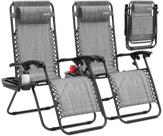 Outdoor Adjustable Zero Gravity Lounge Chair Recliners With Plastic Cup Holder Side Table And Padded Headrest Pillows 2 Pack (Gray)