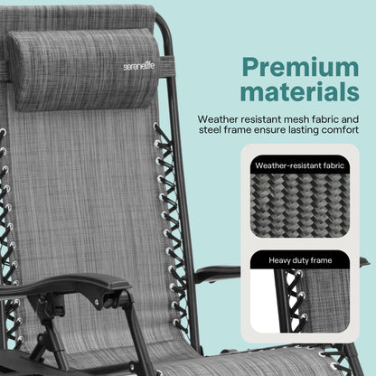 Outdoor Adjustable Zero Gravity Lounge Chair Recliners With Plastic Cup Holder Side Table And Padded Headrest Pillows 2 Pack (Gray)