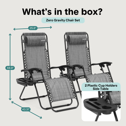 Outdoor Adjustable Zero Gravity Lounge Chair Recliners With Plastic Cup Holder Side Table And Padded Headrest Pillows 2 Pack (Gray)