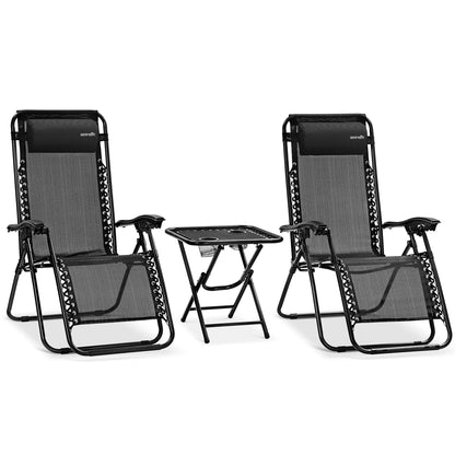 Outdoor Adjustable Zero Gravity Lounge Chair Recliners With Table And Padded Headrest Pillows 2 Pack (Black)
