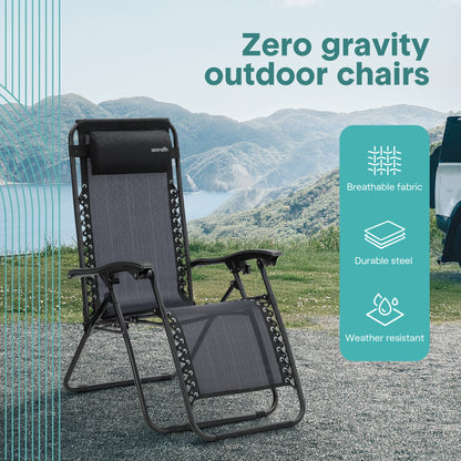 Outdoor Adjustable Zero Gravity Lounge Chair Recliners With Table And Padded Headrest Pillows 2 Pack (Black)