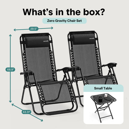 Outdoor Adjustable Zero Gravity Lounge Chair Recliners With Table And Padded Headrest Pillows 2 Pack (Black)