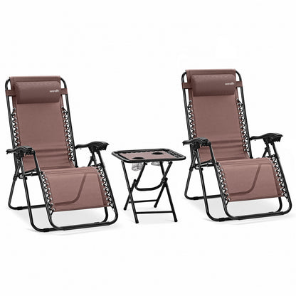 Outdoor Adjustable Zero Gravity Lounge Chair Recliners With Table And Padded Headrest Pillows 2 Pack (Brown)