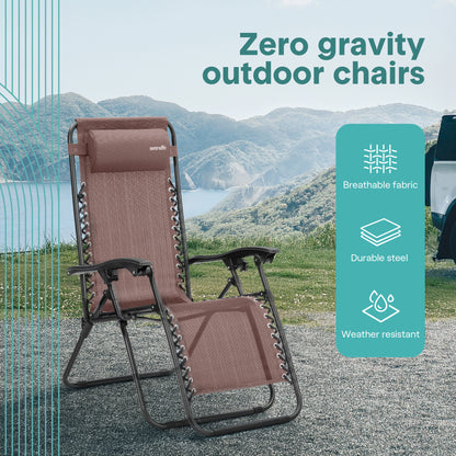 Outdoor Adjustable Zero Gravity Lounge Chair Recliners With Table And Padded Headrest Pillows 2 Pack (Brown)