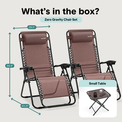 Outdoor Adjustable Zero Gravity Lounge Chair Recliners With Table And Padded Headrest Pillows 2 Pack (Brown)
