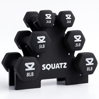 Neoprene Dumbbell Set With Stand – 32 Lb Total (3 5 8 Lb Weights) Anti-Slip Hex Design Compact Storage Rack Included (Black) - SQDBT30BK
