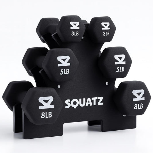 Neoprene Dumbbell Set With Stand – 32 Lb Total (3 5 8 Lb Weights) Anti-Slip Hex Design Compact Storage Rack Included (Black) - SQDBT30BK