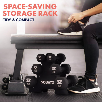 Neoprene Dumbbell Set With Stand – 32 Lb Total (3 5 8 Lb Weights) Anti-Slip Hex Design Compact Storage Rack Included (Black) - SQDBT30BK