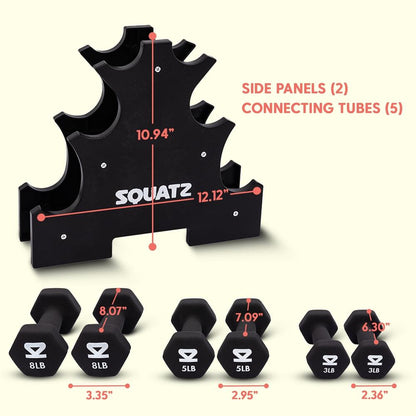 Neoprene Dumbbell Set With Stand – 32 Lb Total (3 5 8 Lb Weights) Anti-Slip Hex Design Compact Storage Rack Included (Black) - SQDBT30BK