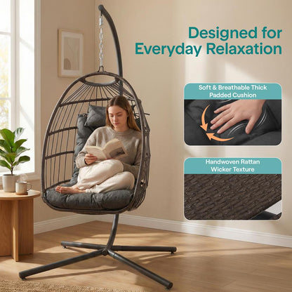 Foldable Egg Chair with Stand 350 lbs Capacity Rattan Wicker Gray