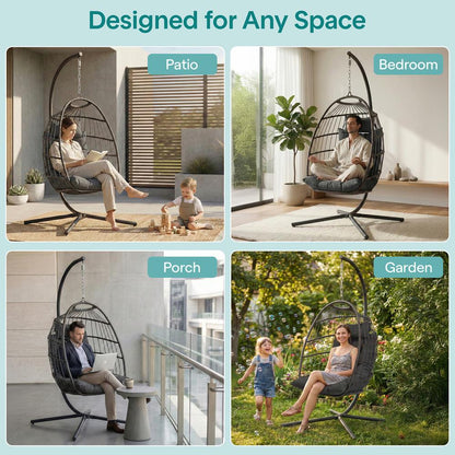 Foldable Egg Chair with Stand 350 lbs Capacity Rattan Wicker Gray