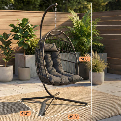 Foldable Egg Chair with Stand 350 lbs Capacity Rattan Wicker Gray