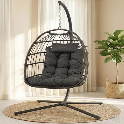 Foldable Egg Chair with Stand 350 lbs Capacity Rattan Wicker Gray