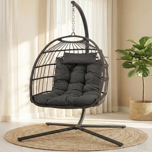 Foldable Egg Chair with Stand 350 lbs Capacity Rattan Wicker Gray