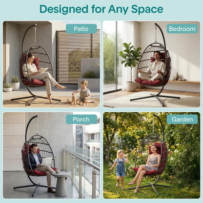 Foldable Egg Chair 350 lbs Capacity Rattan Wicker Red Cushion